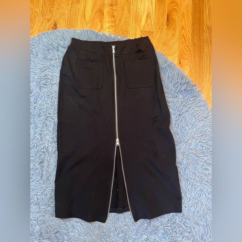 Peruzzi Black Full Front Zip Ponte Knit Pencil Midi Skirt Size S